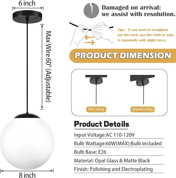 KoKo&Yukina 8-inch Globe Pendant Lighting for Kitchen Island Mid Century Modern Hanging Light Fixture with Milk Glass Globe Glass Black Industrial Hanging Ceiling Lights for Sink Bathroom Entryway