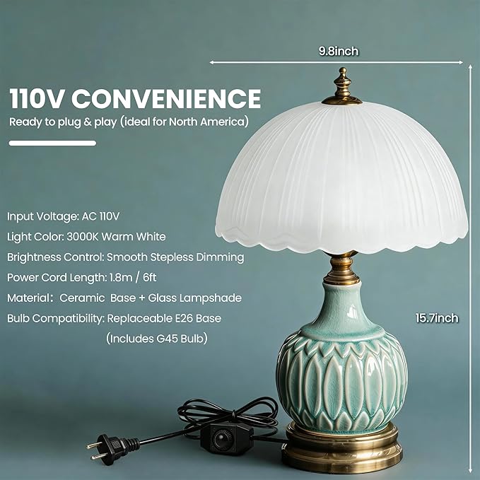Ceramic Pattern Table Lamp with Frosted Glass Lampshade, Desk Bedside Small Lamps with 6ft Power Cord for Living Room Night Stands Bedroom (Bamboo Leaf)