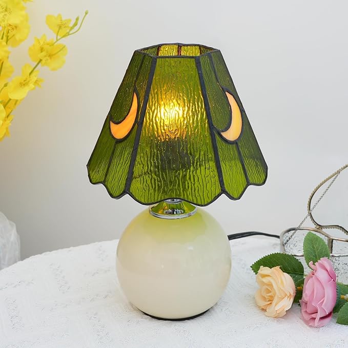 Mushroom Lamp Tiffany Lamp Stained Glass Table Lamp Moon Cute Small Bedside Lamps for Living Room Home Decor,Unique Aesthetic Home Living Room Decor Girls Women Birthday Day Gift,Green