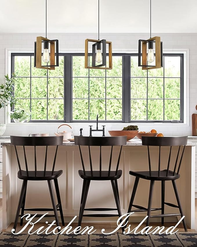 Black Pendant Lighting Modern Pendant Light, Adjustable Pendant Light Fixture,Pendant Lights Kitchen IslandLight (2 Packs Wood+Metal Pendant Light)