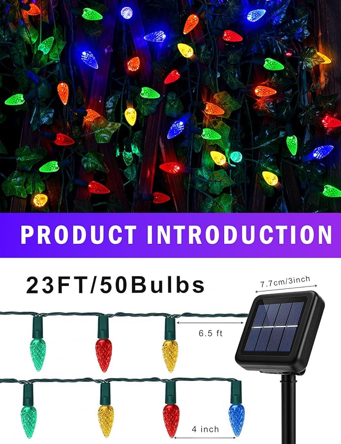 2 Pack Solar Christmas Lights Outdoor Waterproof C6 Strawberry LED String Lights 50 LEDs 23FT Solar Powered Fairy Lights for Garden Patio Yard Tree Wedding Holiday Decor