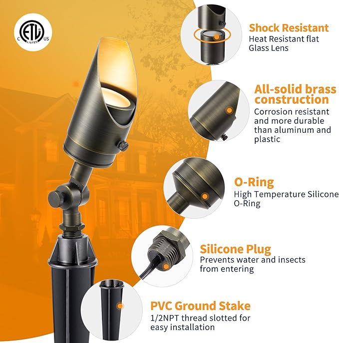 Gardenreet Landscape Spotlights Low Voltage - Brass Outdoor Uplight 12V LED, Wired Spot Lights IP65 Waterproof, Bronze for Exterior Garden Yard Tree House Without MR16 Bulb