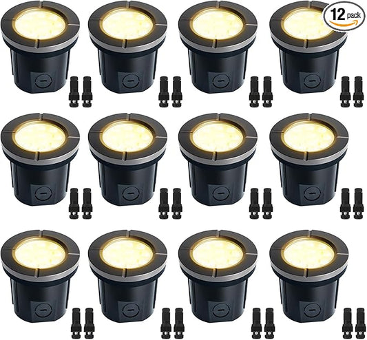 LED Well Lights, 6W 580LM, Warm White (3000K), 12-24V Outdoor In-ground Lights with Wire Connectors, IP65 Waterproof Low Voltage Lighting for Pathway Driveway Deck, ETL Certified, 12-Pack