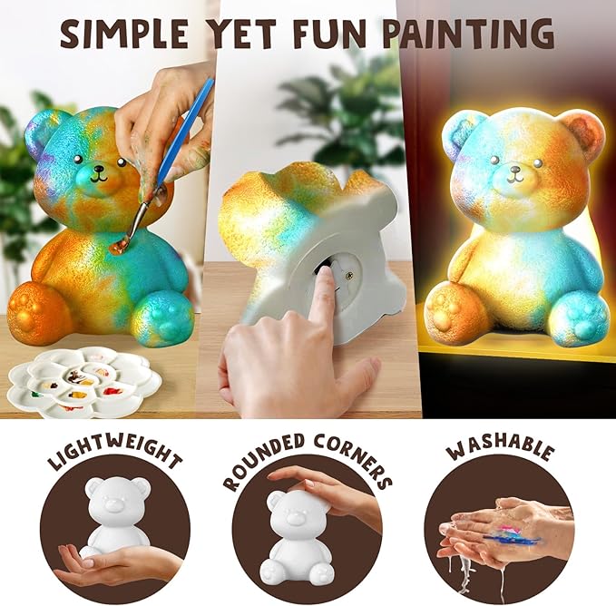 Goody King Paint Your Own Bear Lamp Kit, DIY Night Light, Arts & Crafts for Teens Girls Boys, Painting Kit for Kids, Room Decorations, Christmas Crafts Birthday Gifts for Kids Ages 3 4 5 6 7 8 9