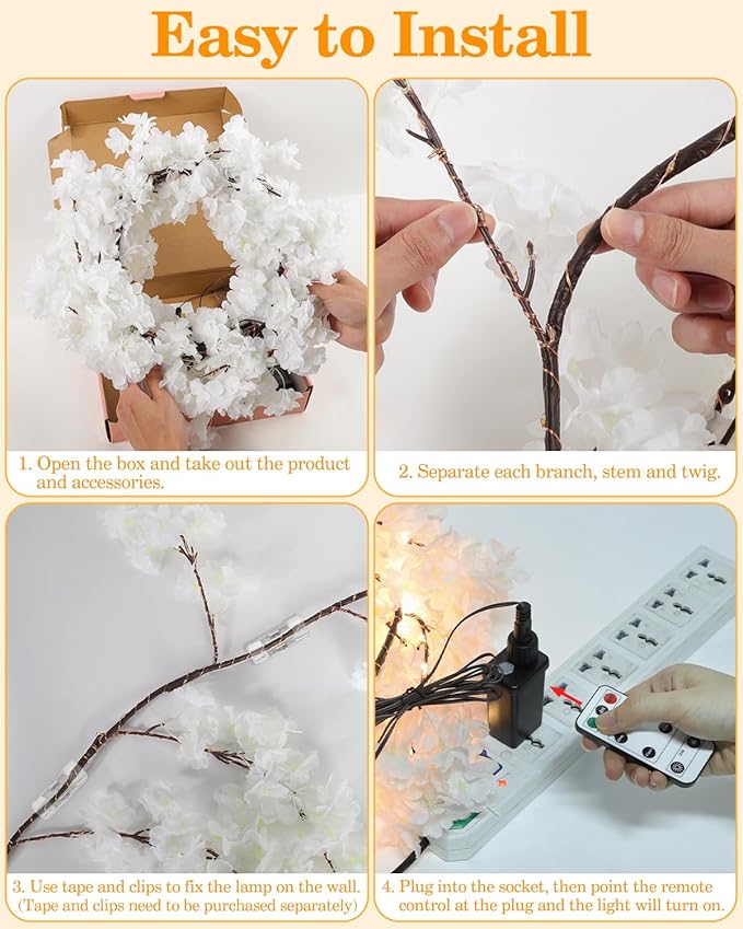GOESWELL Cherry Blossom Tree Lights for Wall: 7.9FT Lighted Garland for Room and Home Decor - Plug or Battery Operated Artificial Flower Vines for Mantle Fireplace Wedding Party Indoor Outdoor