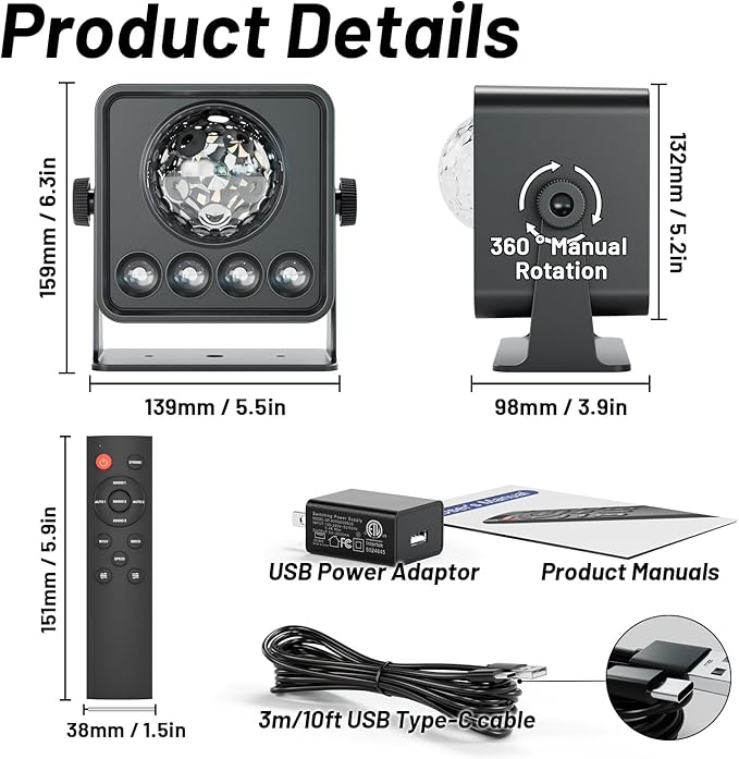 OIEZISRO Disco Ball Party Lights Disco Light Sunset Lamp Projector with RGB+UV+White+YGB Sound Activated LED DJ Strobe Stage Light for Home Parties Living Room/Christmas/Halloween/Birthday/Wall/Decor