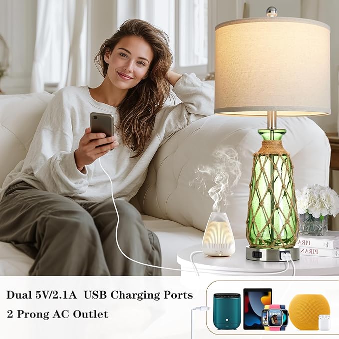 25.5" Green Glass Table Lamps Set of 2, 3-Way Dimmable Touch Control Bedside Lamps with 2 USB Ports and AC Outlet, Coastal Nightstand Lamp for Bedroom Living Room (LED Bulbs Included)