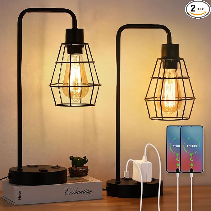 BTY USB Edison Table Lamp Set of 2, Bedside Nightstand Desk Lamps with Dual USB Charging Ports and 2 Prong AC Outlet Metal Wire Cage Industrial Reading Table Lamp for Bedroom Living Room Farmhouse