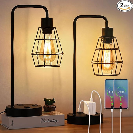 BTY USB Edison Table Lamp Set of 2, Bedside Nightstand Desk Lamps with Dual USB Charging Ports and 2 Prong AC Outlet Metal Wire Cage Industrial Reading Table Lamp for Bedroom Living Room Farmhouse