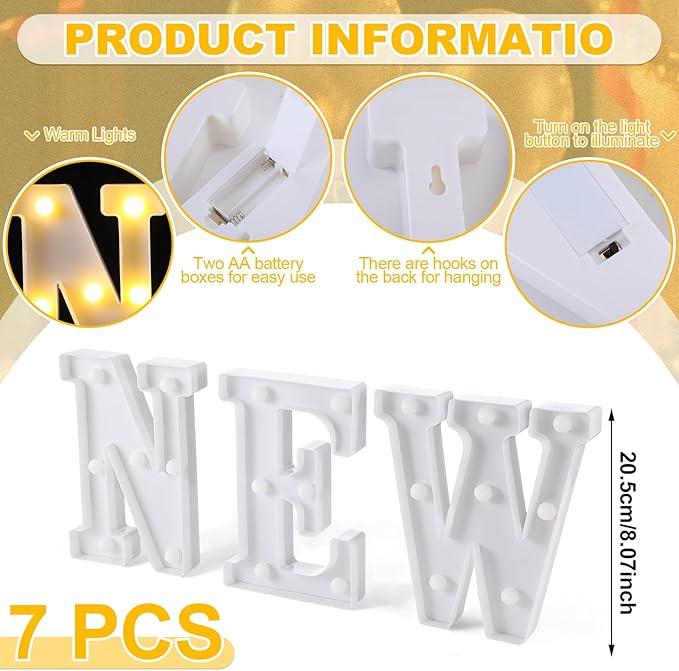 7 Pcs New Year Large LED Letter Sign LED Lights Battery Powered Table Decoration for New Year Christmas Party Tabletop Decoration