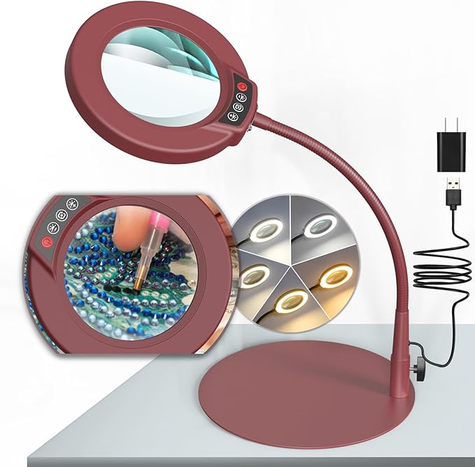 10X Magnifying Glass with Light and Stand, 5 Color Modes Stepless Dimmable LED Lighted Desk Lamp, Hands Free Flexible Gooseneck Magnifier with Light for Craft Hobby Painting Close Work - Red