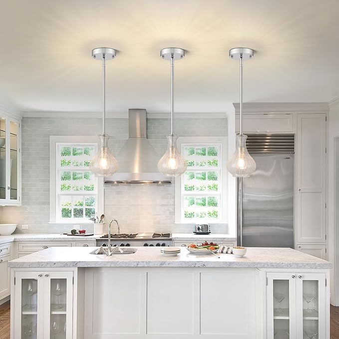 Brushed Nickel Pendant Lights Kitchen Island, 5.9" Modern Crackle Glass Pendant Light Fixtures Single Hanging Lighting with Adjustable Rods for Kitchen Island, Sink, Bathroom, E26 Base