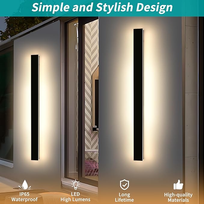 Mikeru 2 Pack 57inch Modern Outdoor Wall Sconce, 3000K/4500K/6000K 3 Color Temperature LED Exterior Light Fixtures, Modern Long Porch Lights Wall Sconce for Garage, Doorway, Porch, Patio