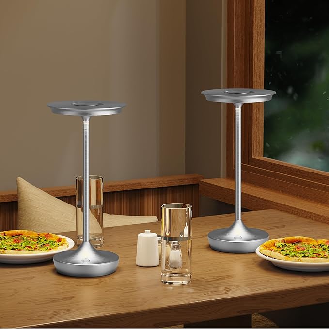 LED Cordless Table Lamps Rechargeable - Outdoor 6000mAh Battery Operated Portable Tables Light 3 Color Stepless Dimming Lamp with Memory Function for Patio Restaurant Dining Silver