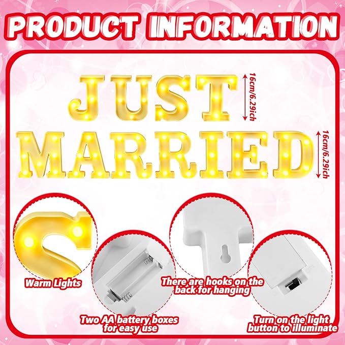 11 Pcs Just Married Large LED Letter Sign Just Married Sign LED Lights Wedding Ceremony Backdrop Decorations Battery Powered Table Decoration for Wedding Proposal Engagement