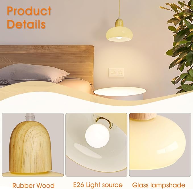 Glass Dome Pendant Light Cream Glass Hanging Ceiling Lamp Kitchen Island Pendant Lighting, Modern Wood Suspended Lights for Dining Table Bedroom Living Room Restaurant 7.87″ Pendant Lamps