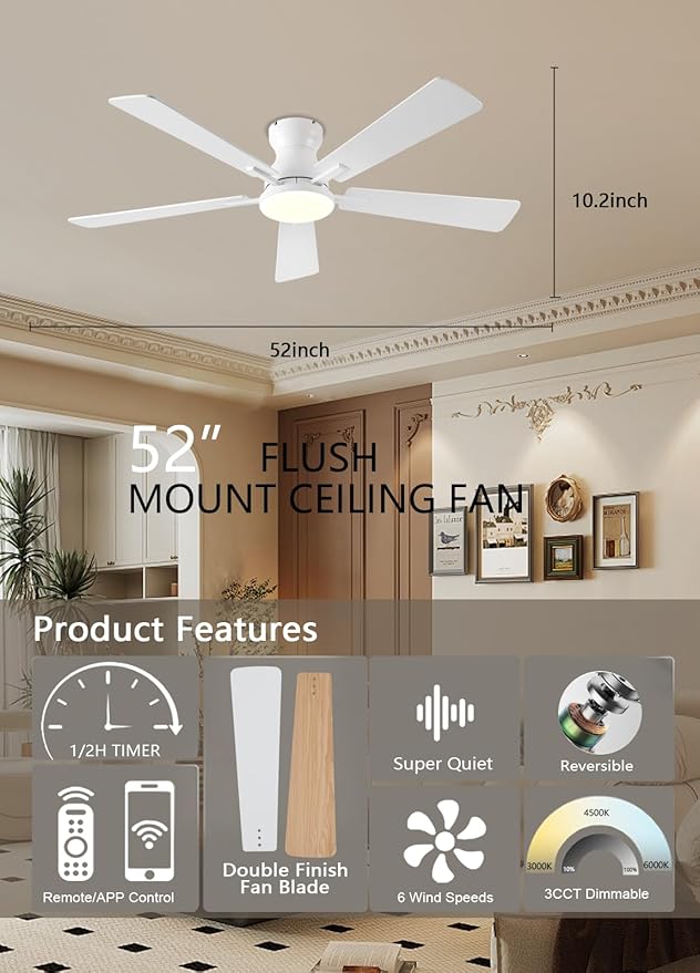 Ceiling Fans with Lights, 52Inch Low Profile Ceiling Fan with Light and Remote/App Control, Modern Flush Mount White Ceiling Fan, 3CCT Dimmable, Reversible DC Motor, for Living Room,Bedroom