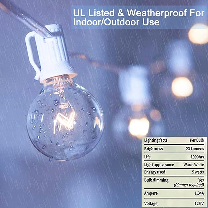Abeja 25FT Outdoor White String Lights, G40 Globe Patio Lights with 27 Clear G40 Bulbs, Waterproof Hanging Outdoor Light for Backyard Porch Balcony Party Decor - White Wire