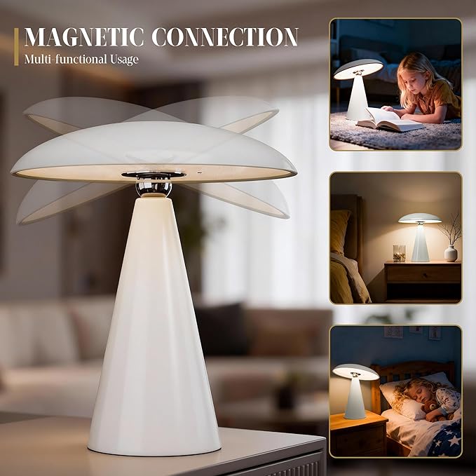 Mushroom Aesthetic Cute Lamp,Magnetic Mid Century Modern Lamp with 3-Mode Lighting for Unique Home Mushroom Decor,Cordless USB Rechargeable Lamps for Bedside/Dorm/Office/Entryway Decor(White)