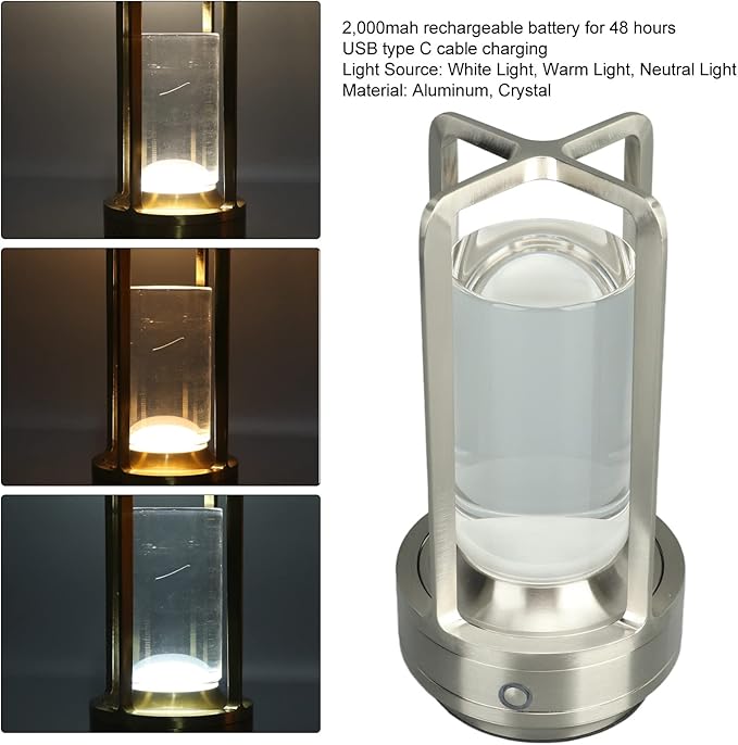 Stylish Cordless Table Lamp 3 Colours Stepless Dimmable LED Table Lamp Rechargeable Touch Lamp Portable Bedside Lamp Nightstand Lamp Table Decorative Lamps (Silver)