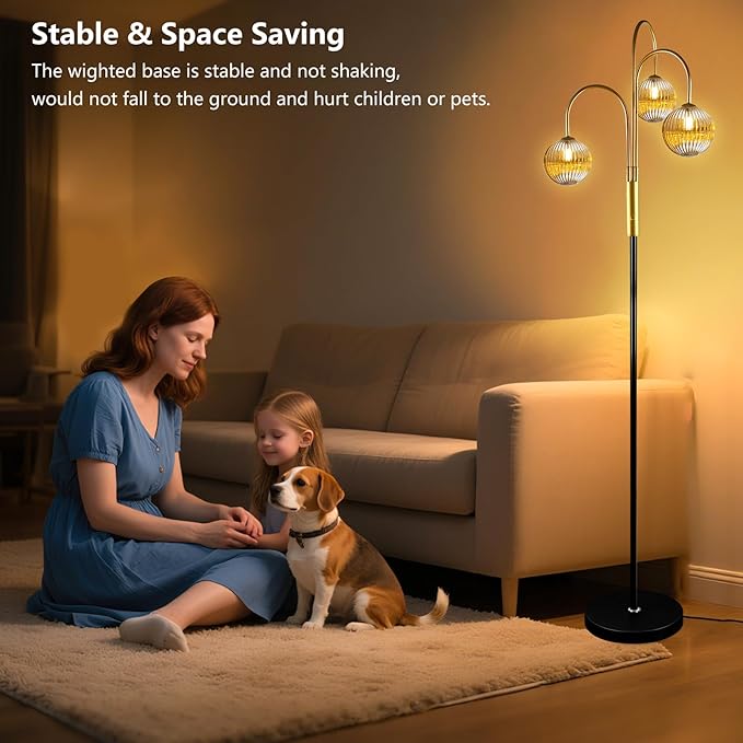 Lightdot 70IN Dimmable Floor Lamp for Living Room, 3 Light LED Tree Floor Lamps with Glass Globe Shade& Bulb Included, Mid Century Standing Tall Lamp for Bedroom/Sofa Beside/Corner Decor-Black&Gold