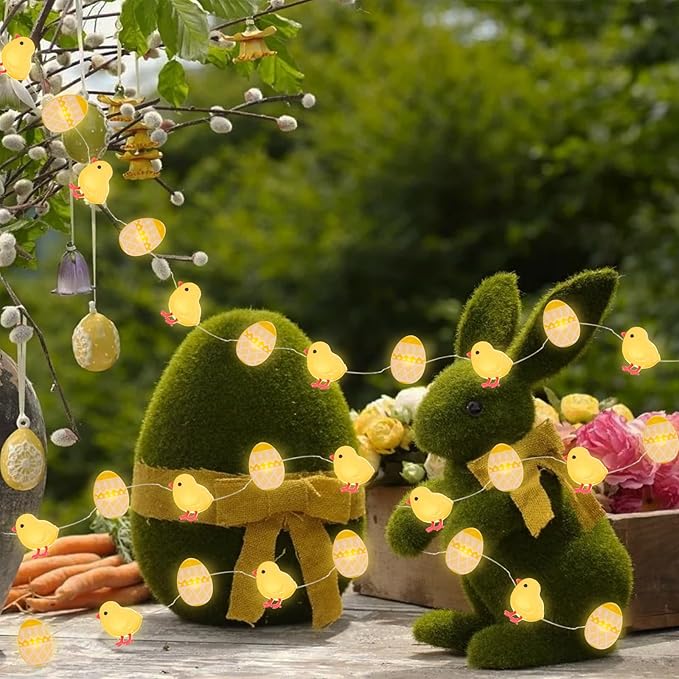 EAMBRITE Set of 2 Easter Lights for Easter Decorations 10Ft 60 LED Easter Fairy Lights Eggs Chick & Carrot Bunny String Lights Battery Operated Set with Timer for Spring Indoor Decor Home Party Tree