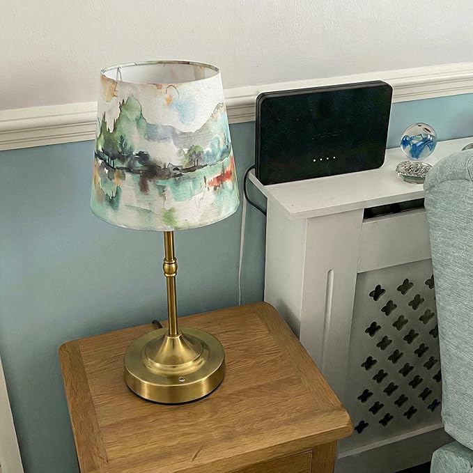 Cordless Table Lamp for Bedroom Bedside Mountains Country Linen Lampshade with Rechargeable Table Lamp Watercolor Desk Light for Farmhouse Nightstand Living Room Nursery Home Decor