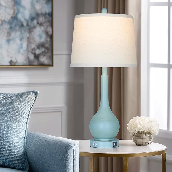 26" Coastal Table Lamps Set of 2, 3-Way Dimmable Touch Control Nightstand Lamps for Bedroom with USB A+C Ports, Modern Farmhouse Bedside Lamp for Living Room, Retro Blue (2 LED Bulbs Included)