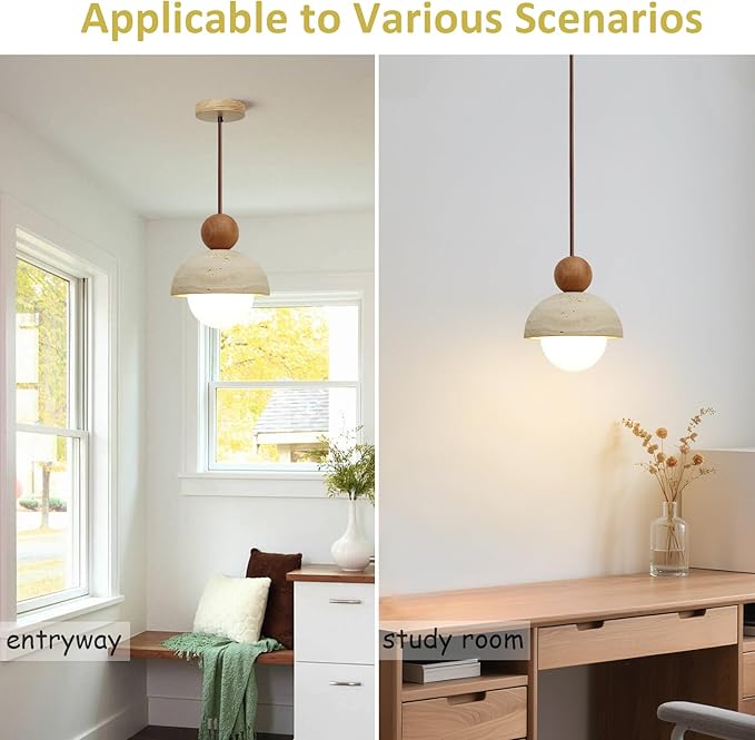 Japanese Lamp Wabi-Sabi Decor Natural Travertine Stone Pendant Light with Glass and Solid Wood Mini Pendant Lights, Using G9 Bulbs, Suitable for Kitchen Island, Dining Room, (Wood Color)