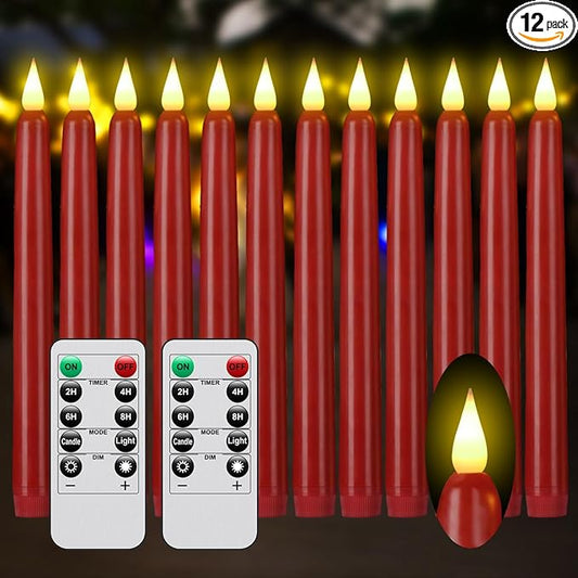 Flameless Taper Candles with Remote Control and Timer, Battery Operated LED Candlesticks with Flickering 3D Flame, 9.6×0.8 Inches Plastic Tall Candles for Christmas, Wedding and Home Decor (Red, 12)