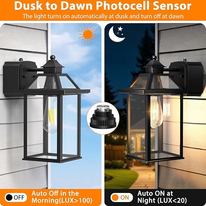 Porch Light with GFCI Outlet, 14'' Large Dusk to Dawn Outdoor Lights for House, Waterproof Exterior Lighting Fixtures, Black Anti-Rust Outside Wall Mount Sconce for Patio Front Door Entryway, E26