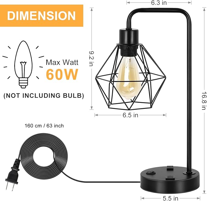 BTY Industrial Table Lamps Set of 2 Vintage Desk Lamp Metal Cage Nightstand Bedside Lamp with Dual USB Charging Ports and AC Outlet for Bedroom Living Room Office (Black)