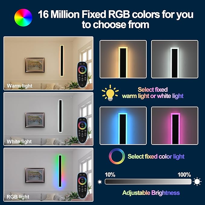 MELUCEE 2pcs 60in Long RGB Outdoor Wall Light Fixture, 5.1in Wide Dimmable Exterior Wall Lights IP65 Waterproof for Garage and Front Door, Long Outdoor Wall Sconce Black LED Outdoor Entrance Lighting