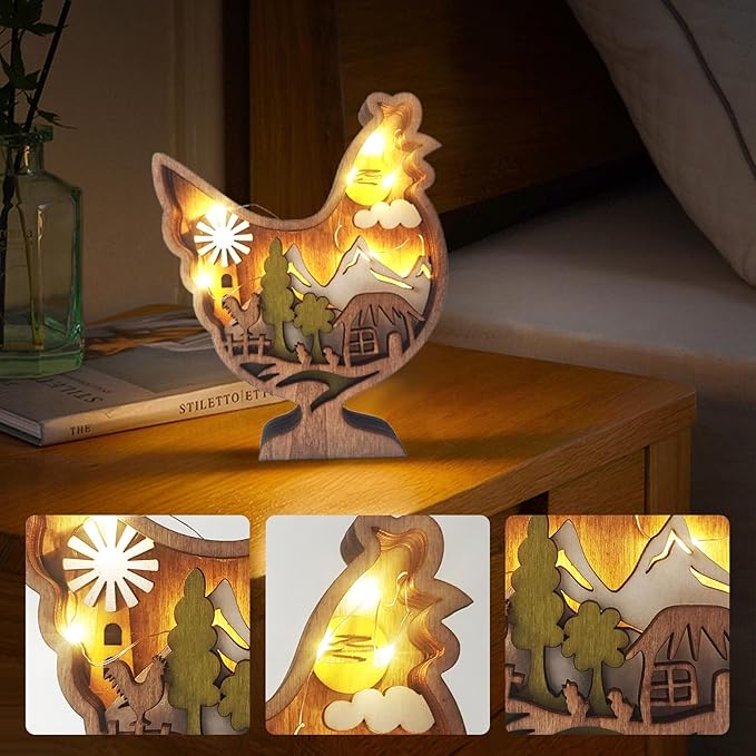 Drawelry 3D Wooden Animals Carving Home Decorative - Creative Wood Carved Lamp Farmhouse Wooden Animals Sculpture Ornaments Easter Birthday Gifts for Family Friend Son Dad (Chicken, with Light)