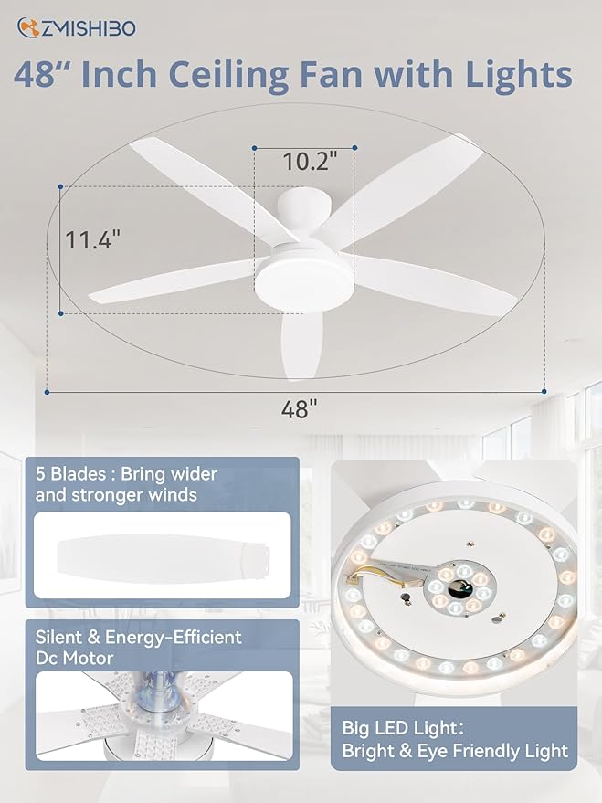 ZMISHIBO 48 inch Ceiling Fans with Lights and Remote/APP Control,White Low Profile Ceiling Fan with Light,Quiet DC Motor,LED Dimmable, Modern Flush Mount Ceiling Fan for Bedroom Indoor/Outdoor Patio