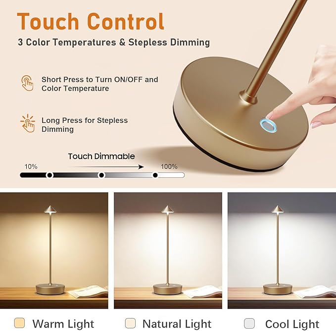 Rechargeable Cordless Table Lamp, 6000mAh LED Battery Operated Desk Lamp Touch 3 Color Stepless Dimming Portable Outdoor Waterproof Table Light for Patio/Restaurant/Dining/Home(Bronze)