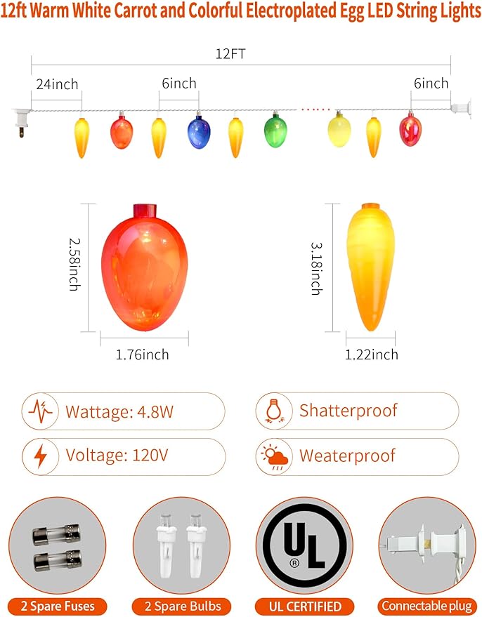 12Ft Connectable Easter String Lights, 20 LED Warm White Carrot & Electroplated Egg, UL Waterproof, Indoor Outdoor Decor