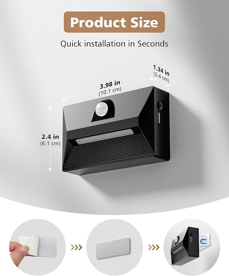 NIORSUN Motion Sensor Night Light, Rechargeable Stair Lights Indoor, 3 Colors and Motion Modes Battery Night Light with Light Sensor for Stairway, Hallway, Bathroom, Kitchen, Bedroom Black 8 Pack