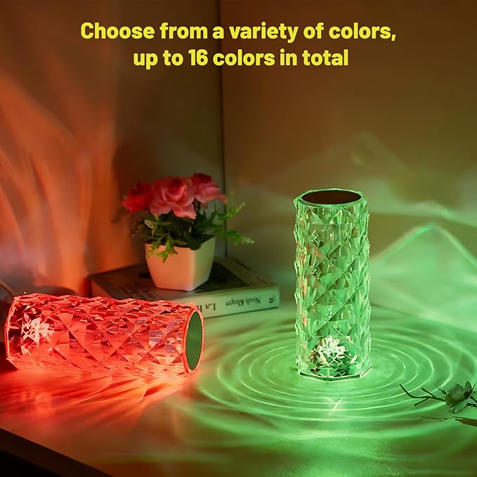 16 Colors Rose Rays Crystal Diamond Table Lamp, Touch Control Acrylic Column Light with Remote, Type-C Rechargeable, 360 Degree Transparent Shade for Bedroom Desk Décor (1, Large)