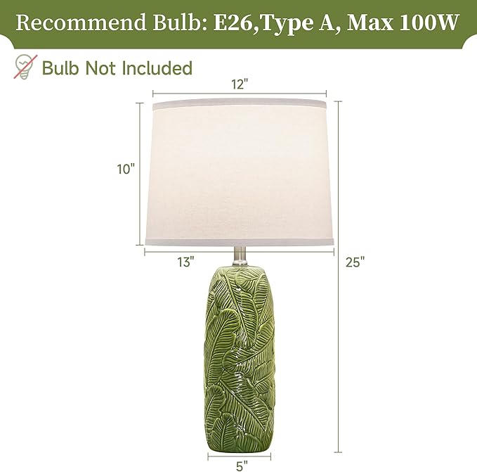 25” Green Lamps Set of 2 with Leaves Design for Living Room, Bedroom, Retro Ceramic Table Lamps for Nightstand Set of 2