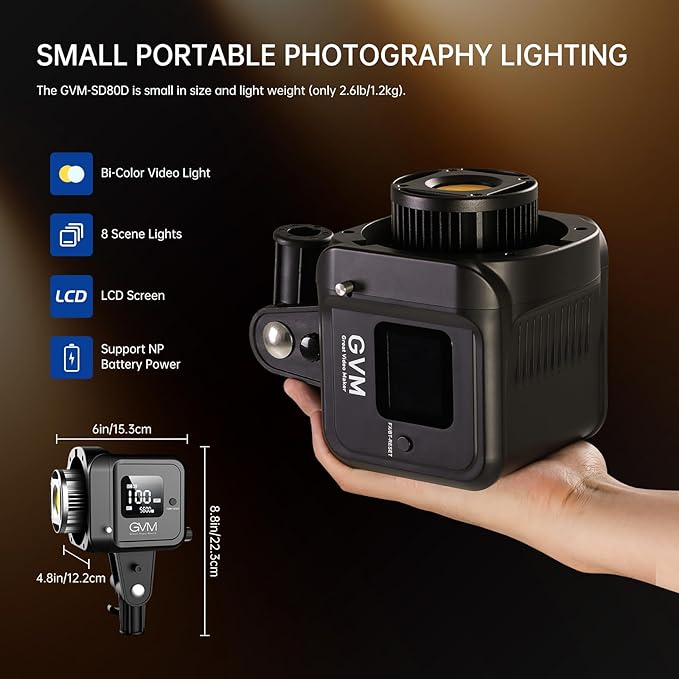GVM 80W Video Light, Continuous Lighting for Photography with Bowens Mount, 2700~7500K, 44100Lux/0.5m Studio Light with APP, CRI 97+ Bi-Color 8 Scene Lights Support AC Adapter & NP Battery