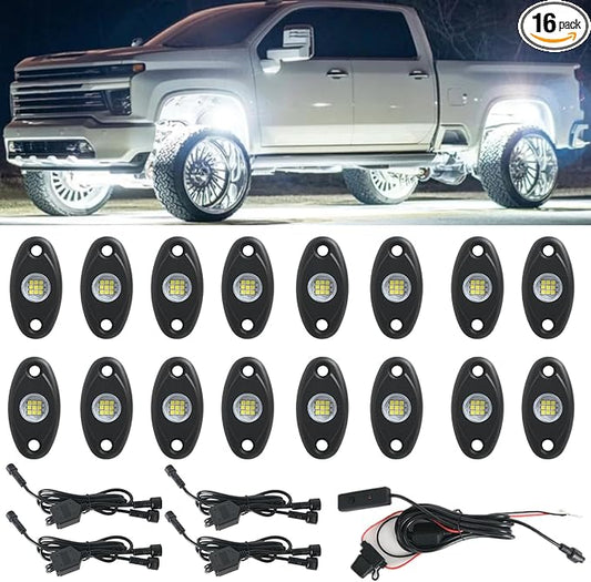 16pods Pure White Led Rock Lights for Trucks 6000k Aluminum Alloy Super Bright IP68 Waterproof for Utv ATV SUV RZR Rv Trucks Pickup Car Boats Neon Underglow White Rock Lights with Switch Kit
