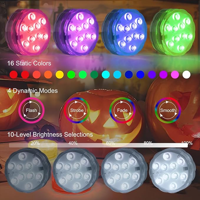 Submersible LED Lights with Remote, 16 Colors 4 Modes Battery Powered Color Changing LED Pumpkin Lights for Halloween Pumpkin Camping Bucket Décor (4 Packs)