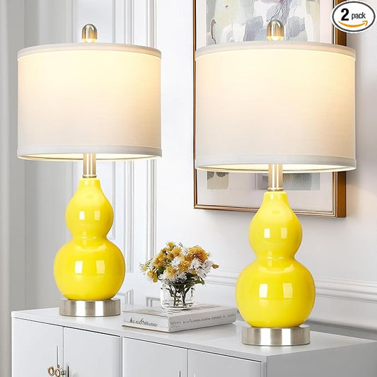 Double Gourd Ceramic Table Lamps Set of 2, Modern Yellow Bedside Lamps for Night Stand, Contemporary Nightstand Lamps for Bedroom Living Room (Bulb Included)