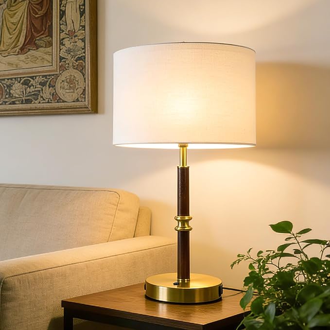 Desk Lamp with Dual USB Ports, 19.3" Wood & Metal Table Lamp for Bedroom & Living Room, Bedside Lamp with Linen Shade, Home Decor (Bulb Not Included)
