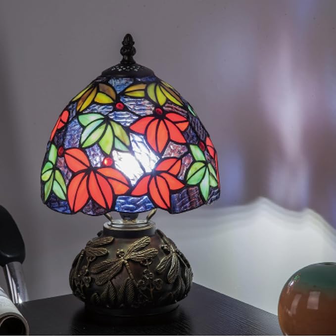 Tiffany Stained Glass Mushroom Table Lamp 8" Purple Blue Red Maple Leaf Floral Shade Nightstand Light for Bedroom Dorm Living Coffee Office Housewarming Gift (Purple Blue Maple Leaf)