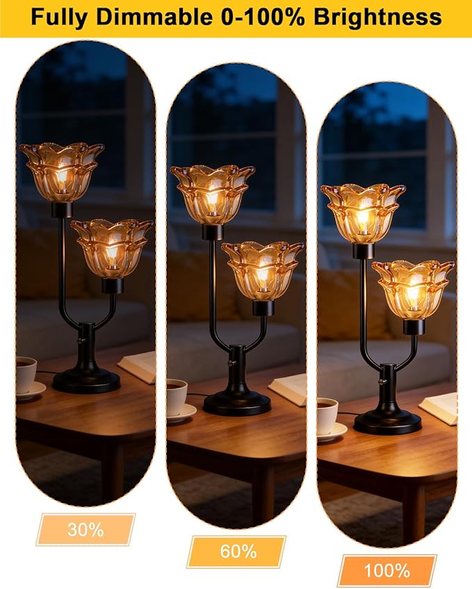 Lightdot Mid Century Modern Flower Table Lamp Black Dimmable U-Shaped Brown Glass Desk Lamps with 2Pcs 3000K Warmwhite Bulbs Included Bedside Nightstand Lamp for Living Room Bedroom