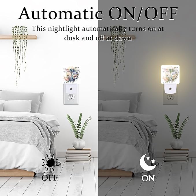 Watercolor Dragonfly Flowers Night Light, Vintage Insect Botanical Floral Leaves Dusk to Dawn Night Light Plug in,0.5w Energy Saving Sleep Friendly NightLight for Kids Boys Girls Home Decor