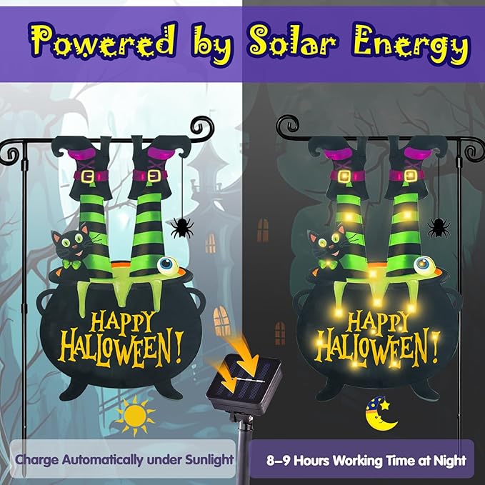 Halloween Lighted Garden Flag for Outside, Led Solar Yard Flag 8 Modes Witch Feet Shape Flag, 12x18 Double Sided Cauldron Eyeball Black Cat Decorations for Home Porch