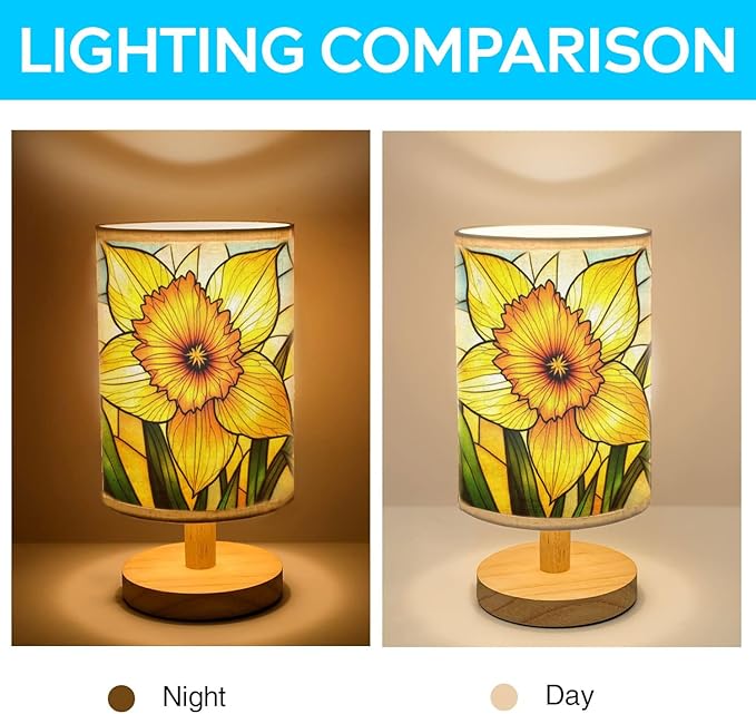 Daffodil Table Lamp LED 3-Color Pressed Bedside, Daffodil Shade Lamp with Wood Base for Bedroom Living Room Desk Office TL01